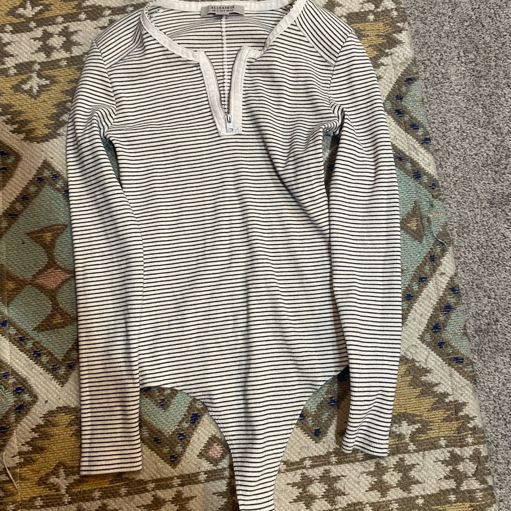 All Saints Black and White Striped Bodysuit